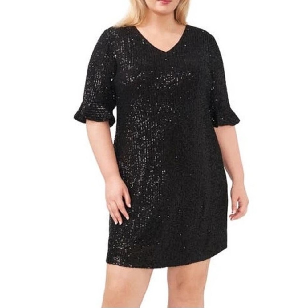 Anthropologie CeCe Dress 3XL Sequin Ruffle Short Sleeve V-Neck Cocktail Chic NWT